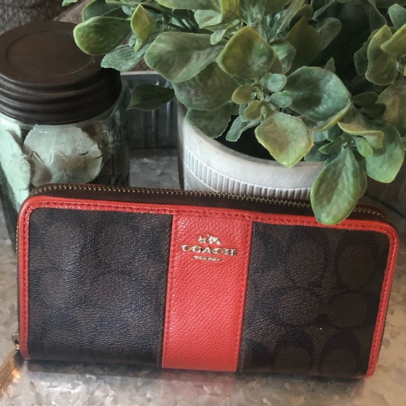 Brown & Orange Coach Leather Accordion Zip Wallet - Picture 2 of 12